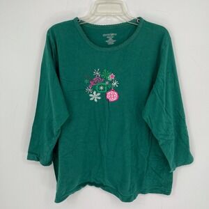 Dreams Co Women's Green Embroidered Christmas Ornament Long Sleeve Top Size 1X